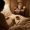 Woman journaling in bed with a Ritual You evening box on the nightstand
