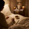 Woman journaling in bed with a Ritual You evening box on the nightstand