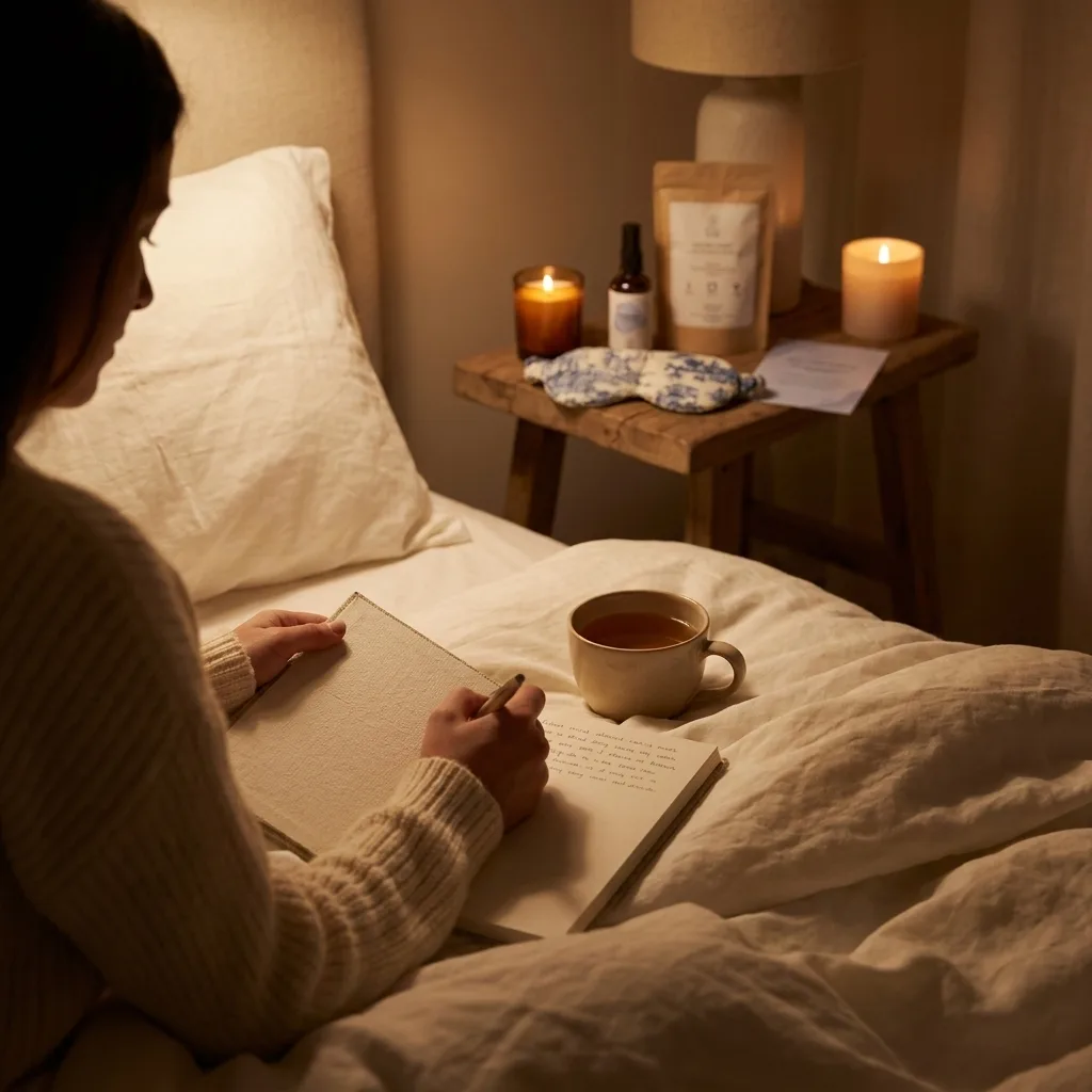 Woman journaling in bed with a Ritual You evening box on the nightstand