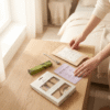 Hands unpacking the Slow Wind morning ritual box by a window: massage set, Fresh Matcha incense and check-in cards